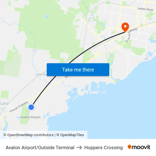 Avalon Airport/Outside Terminal to Hoppers Crossing map