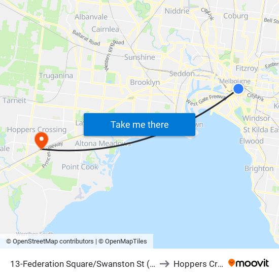 13-Federation Square/Swanston St (Melbourne City) to Hoppers Crossing map