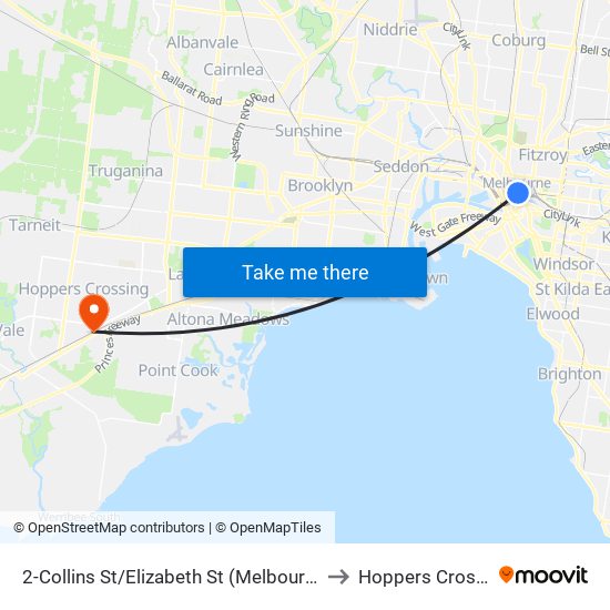 2-Collins St/Elizabeth St (Melbourne City) to Hoppers Crossing map