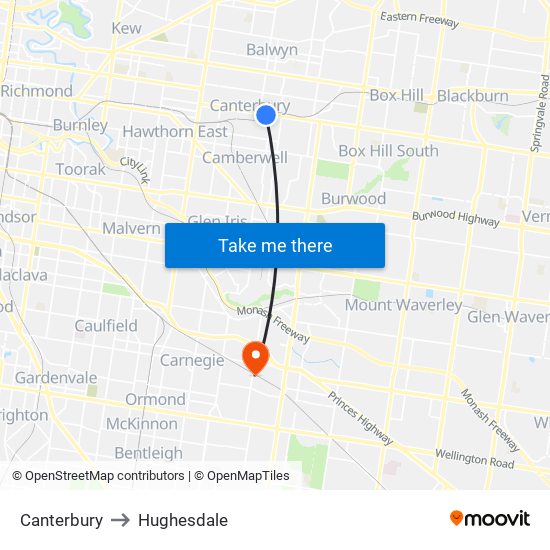 Canterbury to Hughesdale map