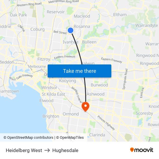 Heidelberg West to Hughesdale map