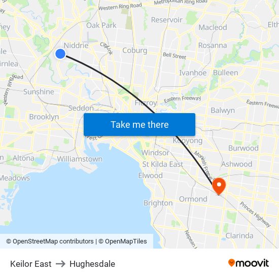 Keilor East to Hughesdale map