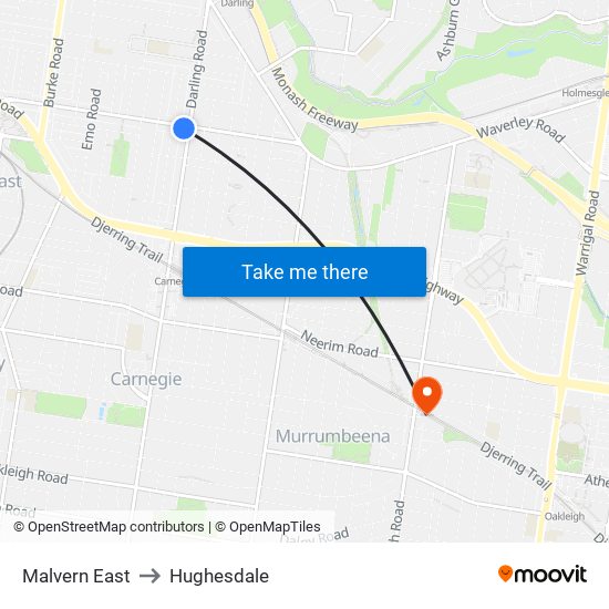 Malvern East to Hughesdale map