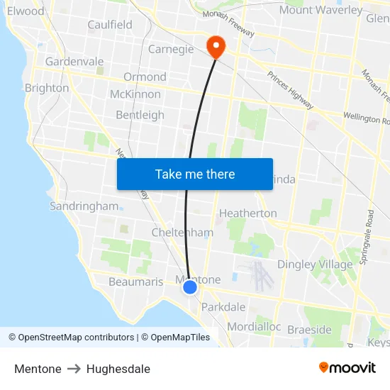 Mentone to Hughesdale map