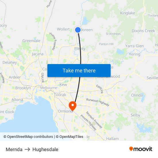 Mernda to Hughesdale map