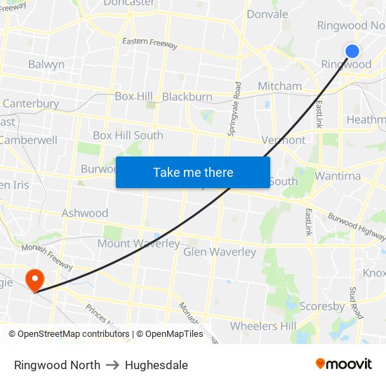 Ringwood North to Hughesdale map