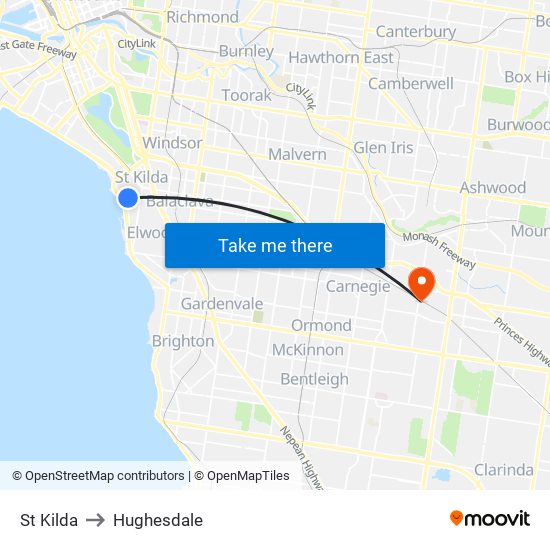 St Kilda to Hughesdale map