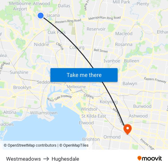 Westmeadows to Hughesdale map