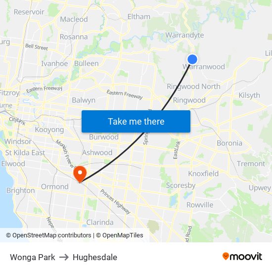 Wonga Park to Hughesdale map