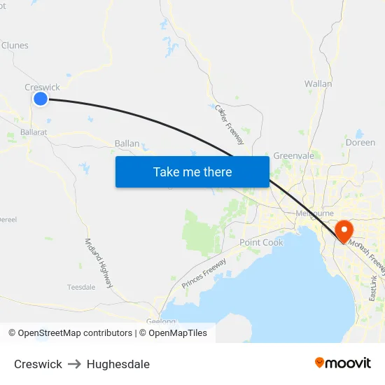 Creswick to Hughesdale map