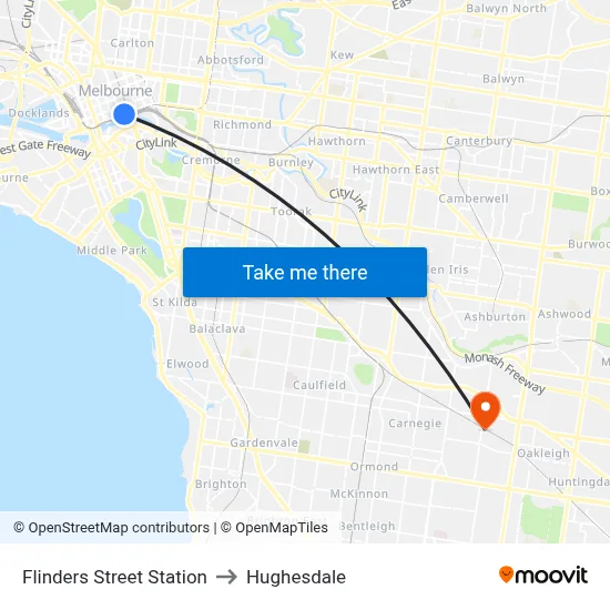 Flinders Street Station to Hughesdale map