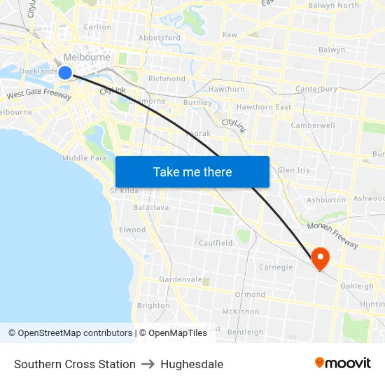 Southern Cross Station to Hughesdale map