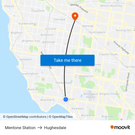 Mentone Station to Hughesdale map