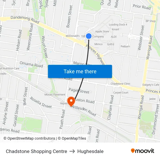 Chadstone Shopping Centre to Hughesdale map
