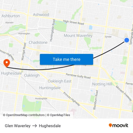 Glen Waverley to Hughesdale map