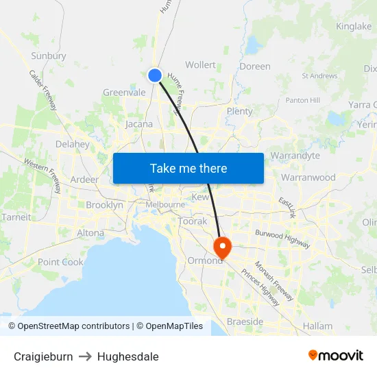 Craigieburn to Hughesdale map