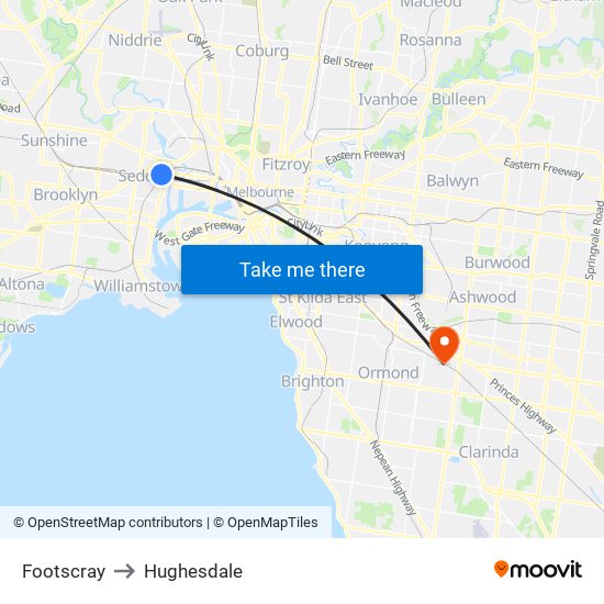 Footscray to Hughesdale map