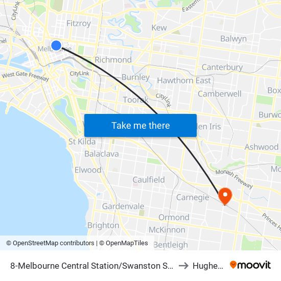 8-Melbourne Central Station/Swanston St (Melbourne City) to Hughesdale map