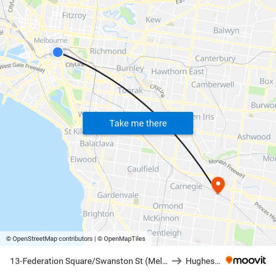 13-Federation Square/Swanston St (Melbourne City) to Hughesdale map