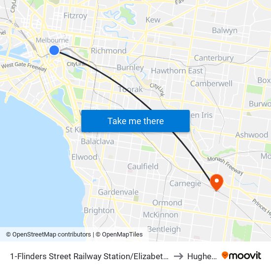 1-Flinders Street Railway Station/Elizabeth St (Melbourne City) to Hughesdale map