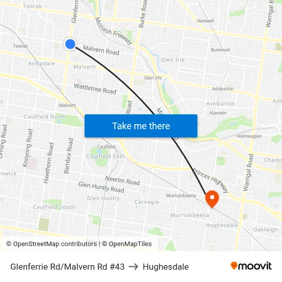 Glenferrie Rd/Malvern Rd #43 to Hughesdale map