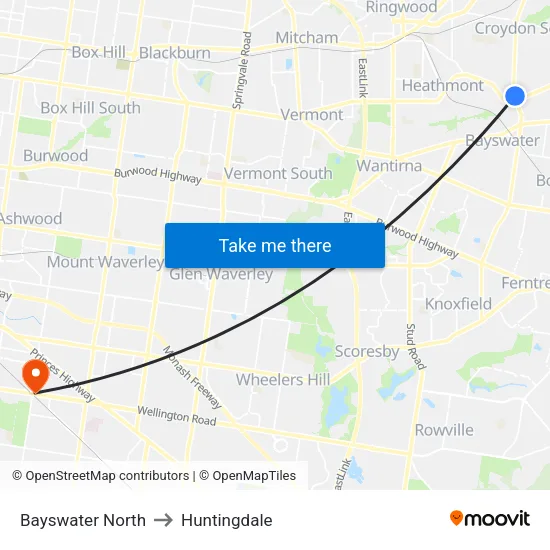 Bayswater North to Huntingdale map