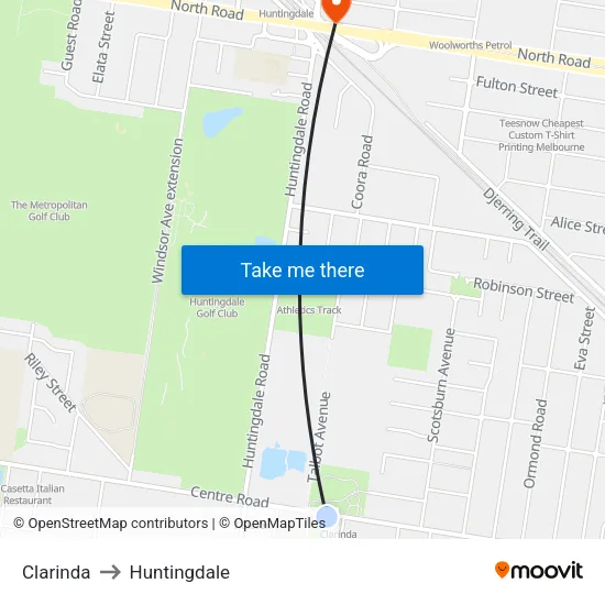 Clarinda to Huntingdale map