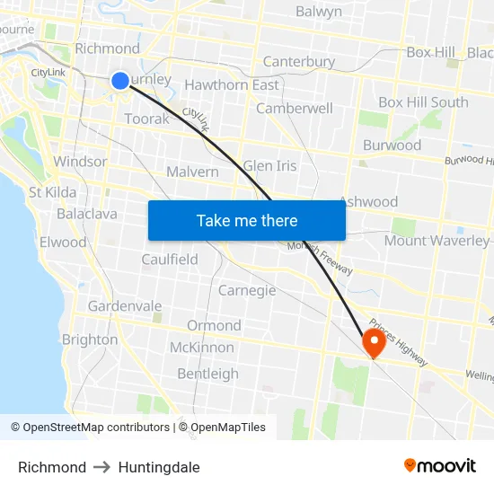 Richmond to Huntingdale map