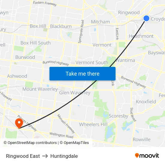 Ringwood East to Huntingdale map