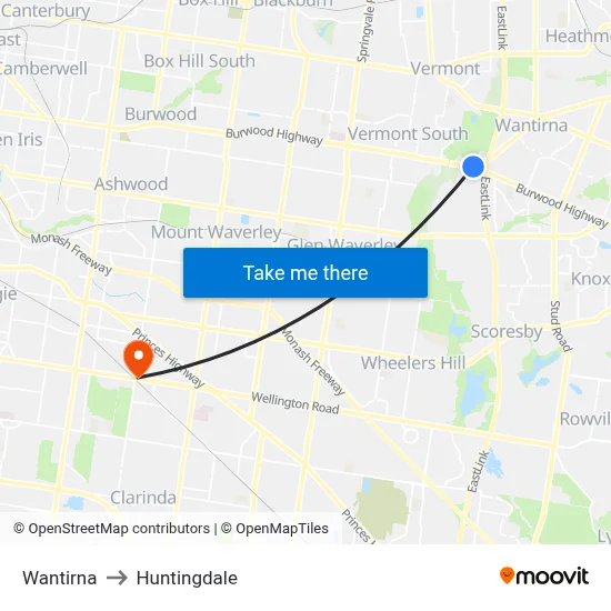 Wantirna to Huntingdale map