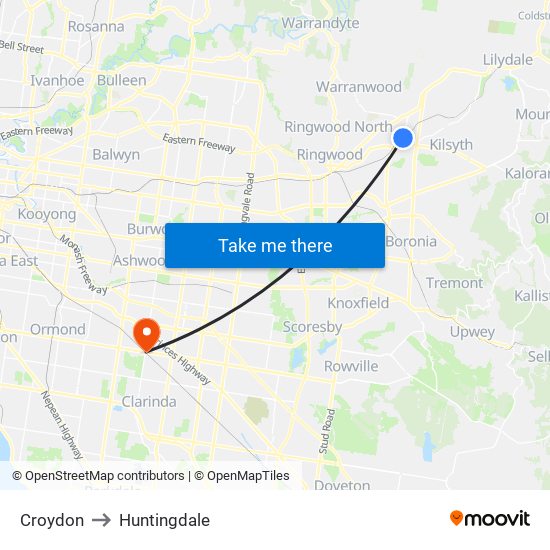Croydon to Huntingdale map