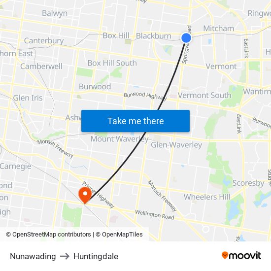 Nunawading to Huntingdale map