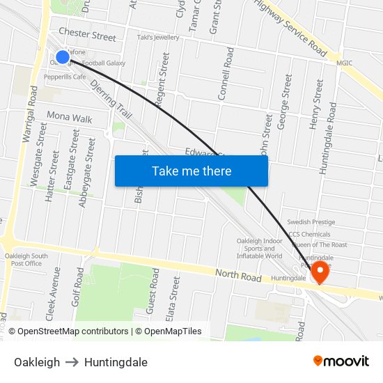 Oakleigh to Huntingdale map