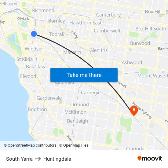 South Yarra to Huntingdale map