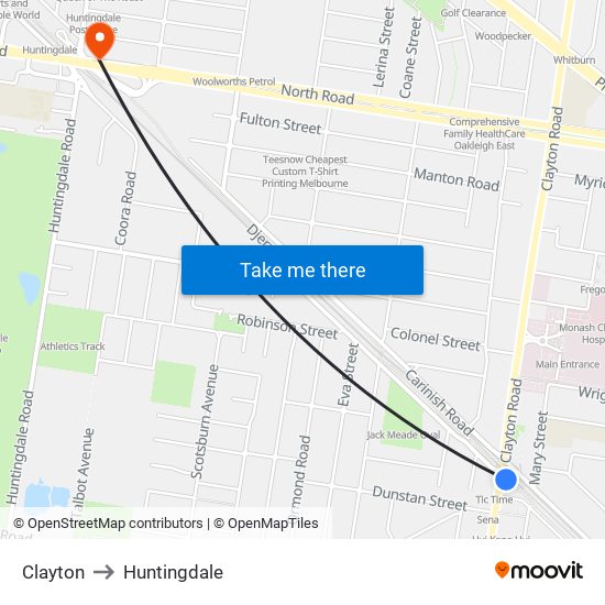 Clayton to Huntingdale map