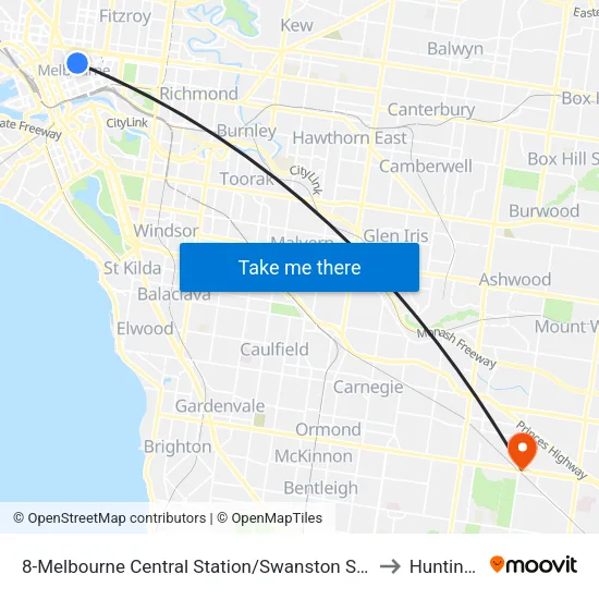 Melbourne Central Station/Swanston St #8 to Huntingdale map