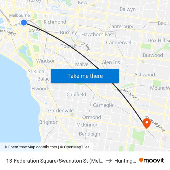 13-Federation Square/Swanston St (Melbourne City) to Huntingdale map