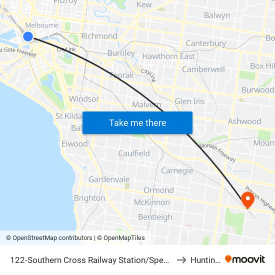 122-Southern Cross Railway Station/Spencer St (Melbourne City) to Huntingdale map