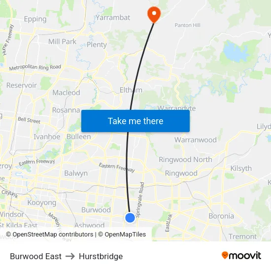 Burwood East to Hurstbridge map