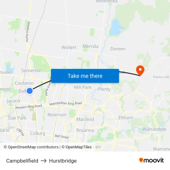 Campbellfield to Hurstbridge map