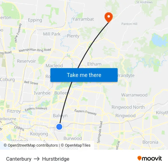 Canterbury to Hurstbridge map