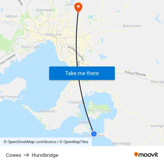 Cowes to Hurstbridge map