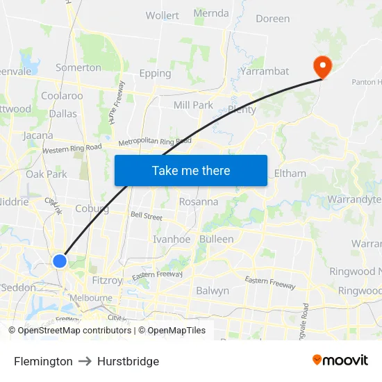 Flemington to Hurstbridge map