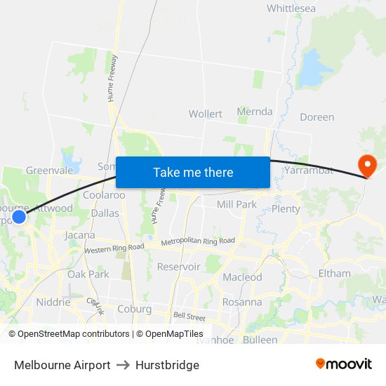 Melbourne Airport to Hurstbridge map