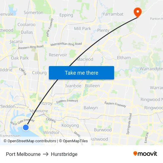 Port Melbourne to Hurstbridge map