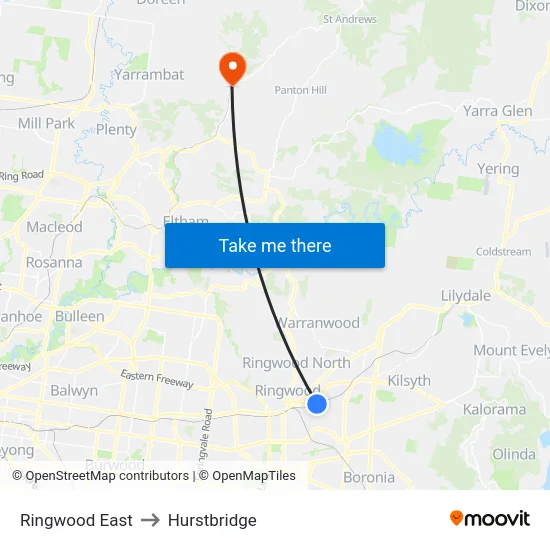Ringwood East to Hurstbridge map