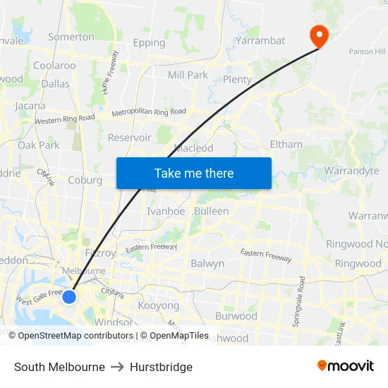 South Melbourne to Hurstbridge map