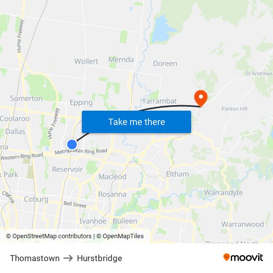 Thomastown to Hurstbridge map