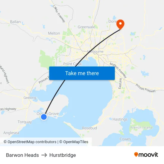 Barwon Heads to Hurstbridge map