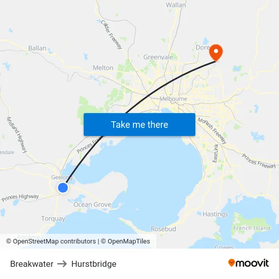 Breakwater to Hurstbridge map